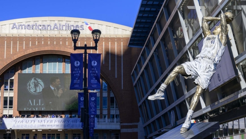 Dec 25, 2022; Dallas, Texas, USA; A general view of the statue by sculptor Omri Amrany honoring former Dallas Mavericks power forward Dirk Nowitzki before the game between the Dallas Mavericks and the Los Angeles Lakers American Airlines Center . Mandatory Credit: Jerome Miron-USA TODAY Sports