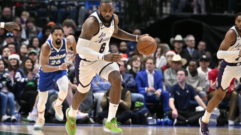 Dec 25, 2022; Dallas, Texas, USA; Los Angeles Lakers forward LeBron James (6) brings the ball up court against the Dallas Mavericks during the second half at the American Airlines Center. Mandatory Credit: Jerome Miron-USA TODAY Sports