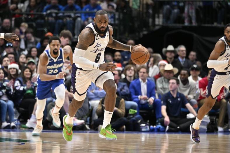 Dec 25, 2022; Dallas, Texas, USA; Los Angeles Lakers forward LeBron James (6) brings the ball up court against the Dallas Mavericks during the second half at the American Airlines Center. Mandatory Credit: Jerome Miron-USA TODAY Sports
