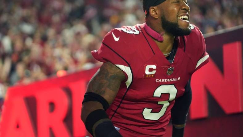 Dec 25, 2022; Glendale, Arizona, USA; Arizona Cardinals safety Budda Baker (3) runs out on to the field to take on the Tampa Bay Buccaneers at State Farm Stadium. Mandatory Credit: Joe Rondone-Arizona Republic

Nfl Tampa Bay At Cardinals