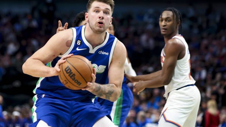 Dec 27, 2022; Dallas, Texas, USA;  Dallas Mavericks guard Luka Doncic (77) looks to pass during the second half against the New York Knicks at American Airlines Center. Mandatory Credit: Kevin Jairaj-USA TODAY Sports