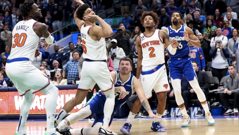 Dec 27, 2022; Dallas, Texas, USA;  Dallas Mavericks guard Luka Doncic (77) reacts after scoring near the end of the fourth quarter against the New York Knicks at American Airlines Center. Mandatory Credit: Kevin Jairaj-USA TODAY Sports
