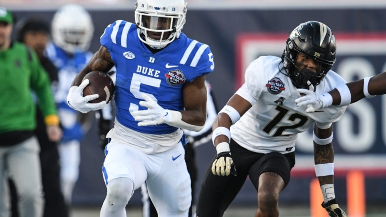 Dec 28, 2022; Annapolis, Maryland, USA; Duke Blue Devils wide receiver Jalon Calhoun (5) rushes during the first half against the Central Florida Knights in the 2022 Military Bowl at Navy-Marine Corps Memorial Stadium. Mandatory Credit: Tommy Gilligan-USA TODAY Sports