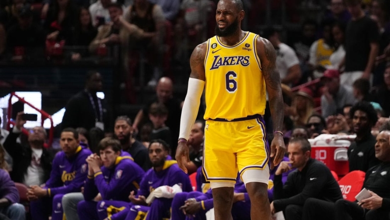 Dec 28, 2022; Miami, Florida, USA; Los Angeles Lakers forward LeBron James (6) reacts after a foul call on the court during the first half against the Miami Heat at FTX Arena. Mandatory Credit: Jasen Vinlove-USA TODAY Sports