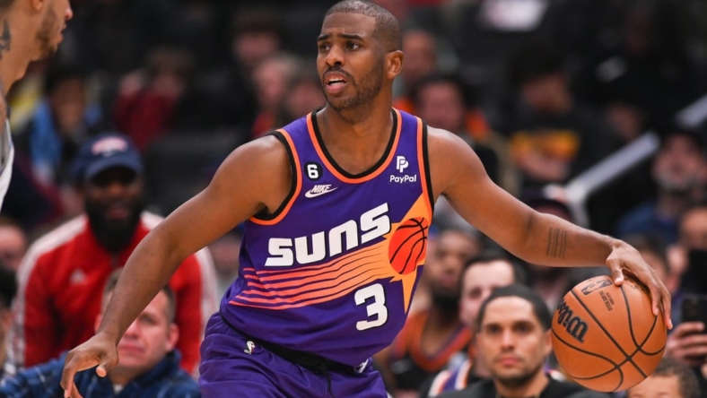 Dec 28, 2022; Washington, District of Columbia, USA;  Phoenix Suns guard Chris Paul (3) looks to pass during the second half H| at Capital One Arena. Mandatory Credit: Tommy Gilligan-USA TODAY Sports