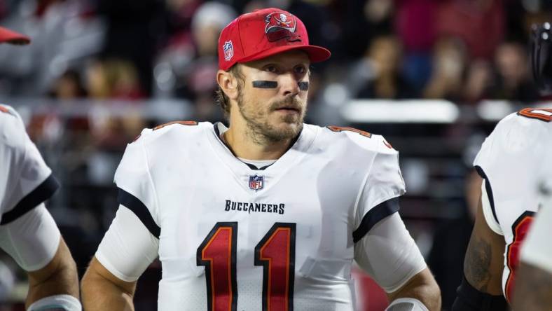 Dec 25, 2022; Glendale, Arizona, USA; Tampa Bay Buccaneers quarterback Blaine Gabbert (11) against the Arizona Cardinals at State Farm Stadium. Mandatory Credit: Mark J. Rebilas-USA TODAY Sports