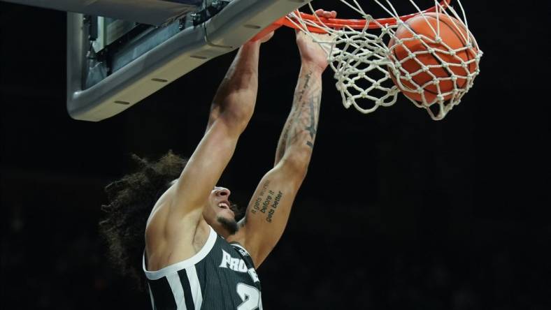 Dec 29, 2022; Indianapolis, Indiana, USA;  Providence Friars guard Devin Carter (22) dunks against the Butler Bulldogs during the first half at Hinkle Fieldhouse. Mandatory Credit: Robert Goddin-USA TODAY Sports