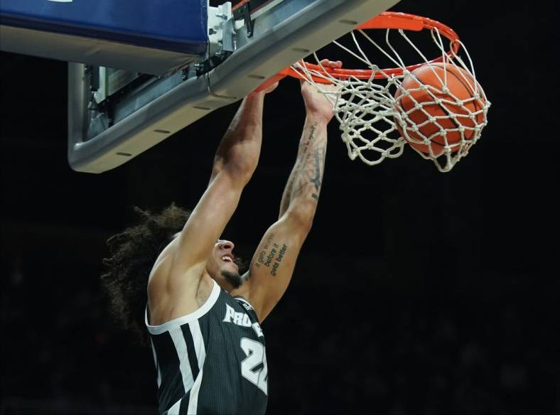 Dec 29, 2022; Indianapolis, Indiana, USA;  Providence Friars guard Devin Carter (22) dunks against the Butler Bulldogs during the first half at Hinkle Fieldhouse. Mandatory Credit: Robert Goddin-USA TODAY Sports
