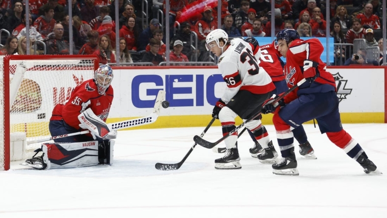 Dec 29, 2022; Washington, District of Columbia, USA; Washington Capitals goaltender Darcy Kuemper (35) makes a save on Ottawa Senators center Jacob Lucchini (36) in the second period at Capital One Arena. Mandatory Credit: Geoff Burke-USA TODAY Sports
