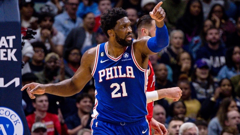 Dec 30, 2022; New Orleans, Louisiana, USA;  Philadelphia 76ers center Joel Embiid (21) gestures during the first half against the New Orleans Pelicans at Smoothie King Center. Mandatory Credit: Stephen Lew-USA TODAY Sports