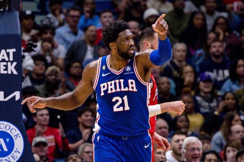 Dec 30, 2022; New Orleans, Louisiana, USA;  Philadelphia 76ers center Joel Embiid (21) gestures during the first half against the New Orleans Pelicans at Smoothie King Center. Mandatory Credit: Stephen Lew-USA TODAY Sports