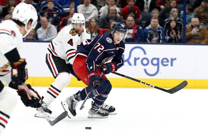 Dec 31, 2022; Columbus, Ohio, USA; Columbus Blue Jackets right wing Carson Meyer (72) pulls the puck into the zone against the Chicago Blackhawks during the first period at Nationwide Arena. Mandatory Credit: Russell LaBounty-USA TODAY Sports