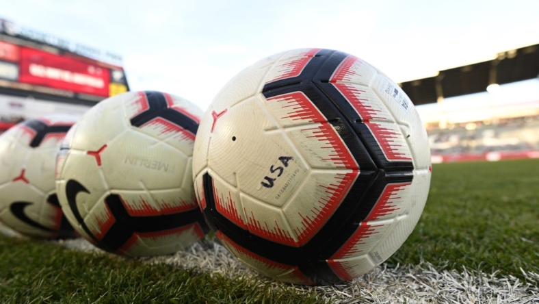 Apr 4, 2019; Commerce City, CO, USA; General view of warm up soccer balls before the International Friendly Women's Soccer match between Australia vs against the United States at Dick's Sporting Goods Park. Mandatory Credit: Ron Chenoy-USA TODAY Sports