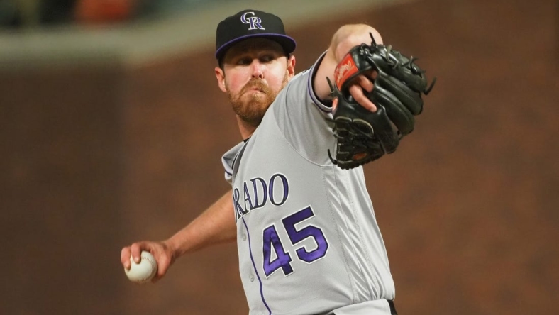 Jun 24, 2019; San Francisco, CA, USA; Colorado Rockies relief pitcher Scott Oberg (45) pitches the ball against the San Francisco Giants during the eighth inning at Oracle Park. Mandatory Credit: Kelley L Cox-USA TODAY Sports