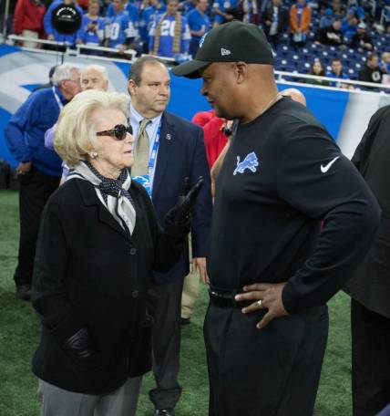 Detroit Lions owner Martha Firestone Ford talks with head coach Jim Caldwell before the game against the Green Bay Packers on Sunday, Dec. 31, 2017 at Ford Field in Detroit.

636503207024649966 Lions 123117kirthmon F Dozier2 Jpg