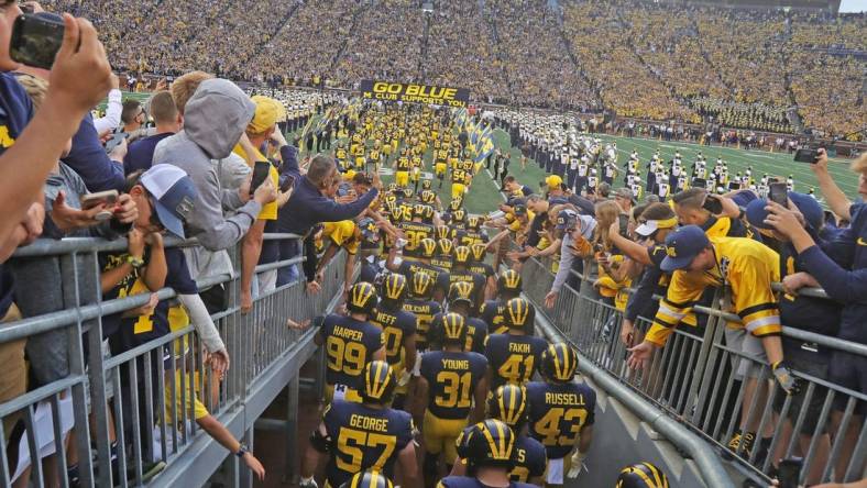 The Michigan Wolverines take the field for the season opener against the Middle Tennessee State Blue Raiders on  Saturday, August 31, 2019 at Michigan Stadium.

Michigan tunnel