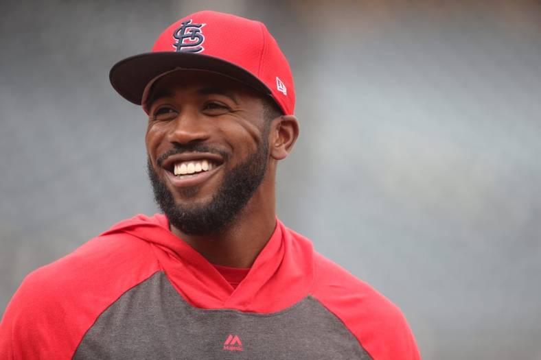 Sep 6, 2019; Pittsburgh, PA, USA;  St. Louis Cardinals right fielder Dexter Fowler (25) smiles during batting practice before playing the Pittsburgh Pirates at PNC Park. Mandatory Credit: Charles LeClaire-USA TODAY Sports