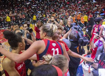 Oct 10, 2019; Washington, DC, USA; Washington Mystics player celebrate after game five of the 2019 WNBA Finals at Entertainment and Sports Ar. Mandatory Credit: Brad Mills-USA TODAY Sports