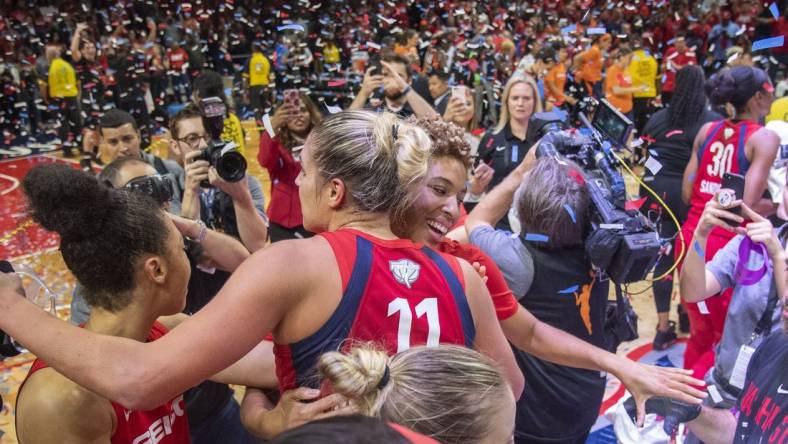 Oct 10, 2019; Washington, DC, USA; Washington Mystics player celebrate after game five of the 2019 WNBA Finals at Entertainment and Sports Ar. Mandatory Credit: Brad Mills-USA TODAY Sports