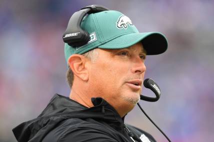 Oct 27, 2019; Orchard Park, NY, USA; Philadelphia Eagles defensive coordinator Jim Schwartz looks on against the Buffalo Bills during the second quarter at New Era Field. Mandatory Credit: Rich Barnes-USA TODAY Sports