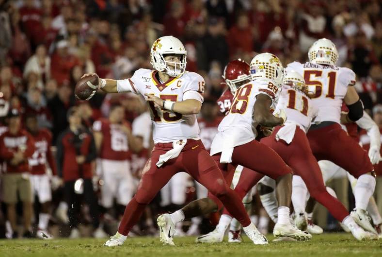 Nov 9, 2019; Norman, OK, USA; Iowa State Cyclones quarterback Brock Purdy (15) throws during the second half against the Oklahoma Sooners at Gaylord Family - Oklahoma Memorial Stadium. Mandatory Credit: Kevin Jairaj-USA TODAY Sports