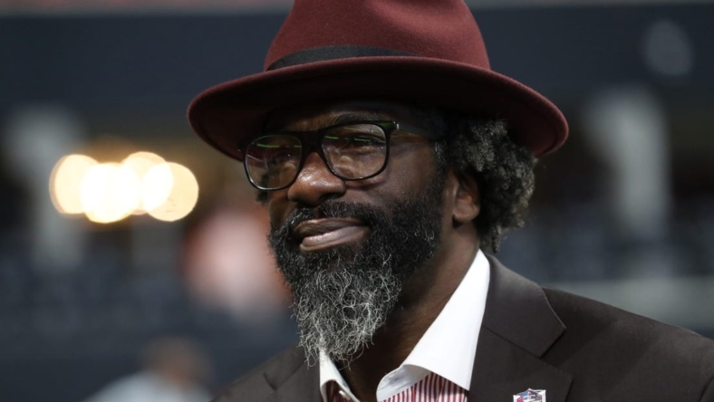 Nov 24, 2019; Atlanta, GA, USA; Former Baltimore Ravens safety Ed Reed is shown on the sideline before the Atlanta Falcons game against the Tampa Bay Buccaneers at Mercedes-Benz Stadium. Mandatory Credit: Jason Getz-USA TODAY Sports