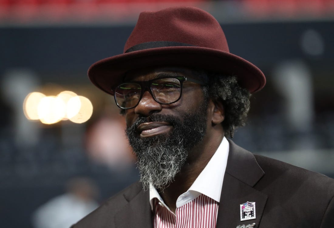 Nov 24, 2019; Atlanta, GA, USA; Former Baltimore Ravens safety Ed Reed is shown on the sideline before the Atlanta Falcons game against the Tampa Bay Buccaneers at Mercedes-Benz Stadium. Mandatory Credit: Jason Getz-USA TODAY Sports