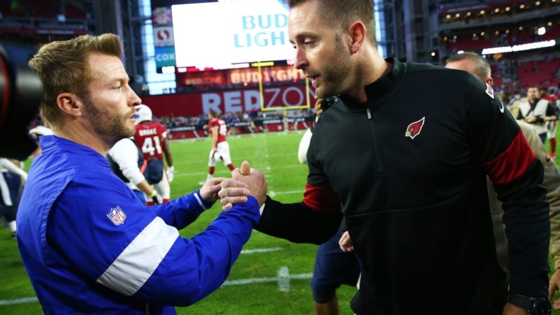 Los Angeles head coach Sean McVay greets Arizona head coach Kliff Kingsbury after the Rams defeated the Cardinals 34-7 during a game on Dec. 1, 2019 in Glendale, Ariz.

Los Angeles Rams Vs Arizona Cardinals 2019