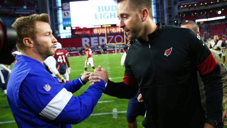 Los Angeles head coach Sean McVay greets Arizona head coach Kliff Kingsbury after the Rams defeated the Cardinals 34-7 during a game on Dec. 1, 2019 in Glendale, Ariz.

Los Angeles Rams Vs Arizona Cardinals 2019