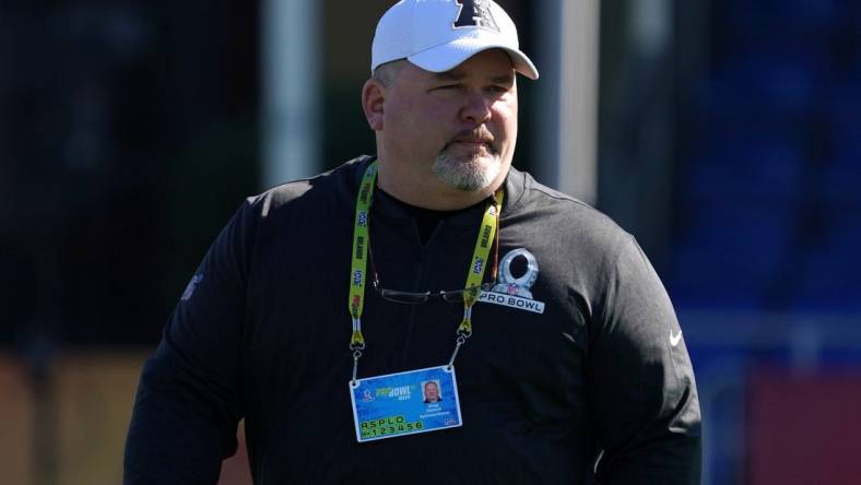 Jan 22, 2020; Kissimmiee, Florida, USA; Baltimore Ravens offensive coordinator Greg Roman during AFC practice at ESPN Wide World of Sports. Mandatory Credit: Kirby Lee-USA TODAY Sports