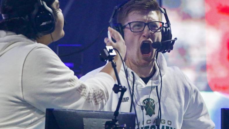 Jan 24, 2020; Minneapolis, Minnesota, USA; Seth "Scump" Abner of the Chicago Huntsmen celebrates after defeating the Dallas Empire during the Call of Duty League Launch Weekend at The Armory. Mandatory Credit: Bruce Kluckhohn-USA TODAY Sports