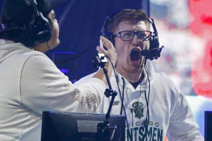 Jan 24, 2020; Minneapolis, Minnesota, USA; Seth "Scump" Abner of the Chicago Huntsmen celebrates after defeating the Dallas Empire during the Call of Duty League Launch Weekend at The Armory. Mandatory Credit: Bruce Kluckhohn-USA TODAY Sports