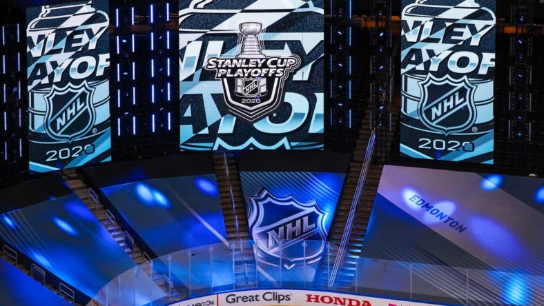 Aug 12, 2020; Edmonton, Alberta, CAN; General view of Stanley Cup Playoffs and NHL logo prior to the game between the St. Louis Blues and the Vancouver Canucks in game one of the first round of the 2020 Stanley Cup Playoffs at Rogers Place. Mandatory Credit: Sergei Belski-USA TODAY Sports