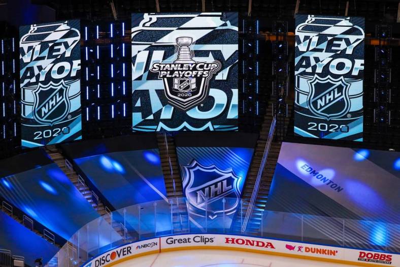 Aug 12, 2020; Edmonton, Alberta, CAN; General view of Stanley Cup Playoffs and NHL logo prior to the game between the St. Louis Blues and the Vancouver Canucks in game one of the first round of the 2020 Stanley Cup Playoffs at Rogers Place. Mandatory Credit: Sergei Belski-USA TODAY Sports