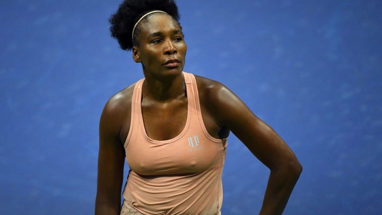 Sep 1, 2020; Flushing Meadows, New York, USA; Venus Williams of the United States reacts against Karolina Muchova of Russia on day two of the 2020 U.S. Open tennis tournament at USTA Billie Jean King National Tennis Center. Mandatory Credit: Robert Deutsch-USA TODAY Sports