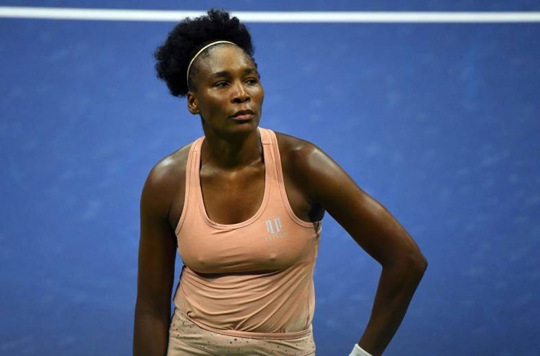 Sep 1, 2020; Flushing Meadows, New York, USA; Venus Williams of the United States reacts against Karolina Muchova of Russia on day two of the 2020 U.S. Open tennis tournament at USTA Billie Jean King National Tennis Center. Mandatory Credit: Robert Deutsch-USA TODAY Sports
