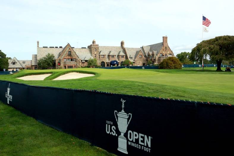 Sep 14, 2020; Mamaroneck, New York, USA; General view of the clubhouse during a practice round for the 2020 U.S. Open golf tournament at Winged Foot Golf Club - West. Mandatory Credit: Brad Penner-USA TODAY Sports