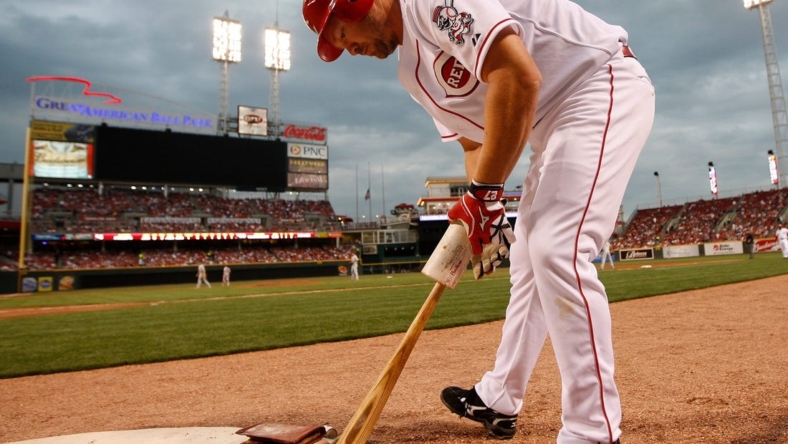 (File photo) Scott Rolen takes to the on-deck circle against the St. Louis Cardinals at Great American Ball Park.