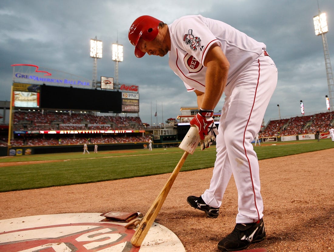 (File photo) Scott Rolen takes to the on-deck circle against the St. Louis Cardinals at Great American Ball Park.