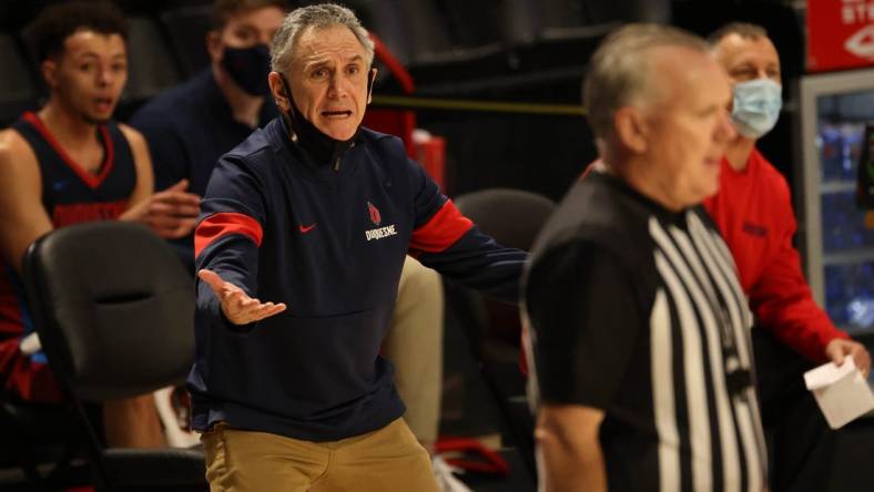 Mar 4, 2021; Richmond, Virginia, USA; Duquesne Dukes head coach Keith Dambrot reacts to a call from the bench against the Richmond Spiders in the first half in the second round of the 2021 Atlantic 10 Conference Tournament at Stuart C. Siegel Center. Mandatory Credit: Geoff Burke-USA TODAY Sports