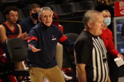 Mar 4, 2021; Richmond, Virginia, USA; Duquesne Dukes head coach Keith Dambrot reacts to a call from the bench against the Richmond Spiders in the first half in the second round of the 2021 Atlantic 10 Conference Tournament at Stuart C. Siegel Center. Mandatory Credit: Geoff Burke-USA TODAY Sports