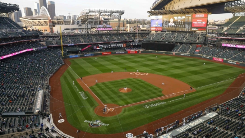 Apr 1, 2021; Seattle, Washington, USA; General view of T-Mobile Park during the first inning of a game between the San Francisco Giants and Seattle Mariners. Mandatory Credit: Joe Nicholson-USA TODAY Sports