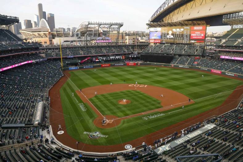 Apr 1, 2021; Seattle, Washington, USA; General view of T-Mobile Park during the first inning of a game between the San Francisco Giants and Seattle Mariners. Mandatory Credit: Joe Nicholson-USA TODAY Sports