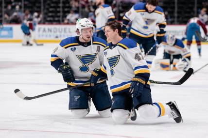 May 17, 2021; Denver, Colorado, USA; St. Louis Blues right wing Vladimir Tarasenko (91) and defenseman Torey Krug (47) talks during warmups in game one of the first round of the 2021 Stanley Cup Playoffs against the Colorado Avalanche at Ball Arena. Mandatory Credit: Isaiah J. Downing-USA TODAY Sports
