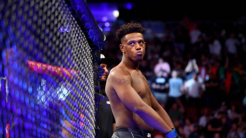 Jun 12, 2021; Glendale, Arizona, USA; Jamahal Hill during UFC 263 at Gila River Arena. Mandatory Credit: Mark J. Rebilas-USA TODAY Sports