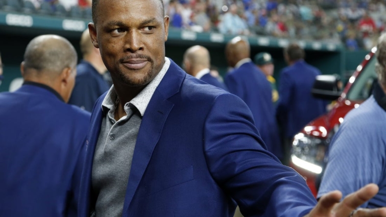 Aug 14, 2021; Arlington, Texas, USA; Former Texas Rangers third baseman Adrian Beltre leaves the field after being inducted into the Texas Rangers Baseball Hall of Fame before the game against the Oakland Athletics at Globe Life Field. Mandatory Credit: Tim Heitman-USA TODAY Sports
