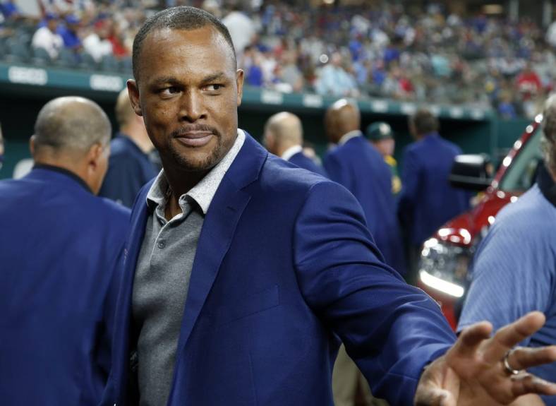 Aug 14, 2021; Arlington, Texas, USA; Former Texas Rangers third baseman Adrian Beltre leaves the field after being inducted into the Texas Rangers Baseball Hall of Fame before the game against the Oakland Athletics at Globe Life Field. Mandatory Credit: Tim Heitman-USA TODAY Sports