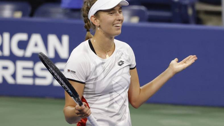 Sep 3, 2021; Flushing, NY, USA; Elise Mertens of Belgium reacts after her match against Ons Jabeur of Tunisia (not pictured) on day five of the 2021 U.S. Open tennis tournament at USTA Billie Jean King National Tennis Center. Mandatory Credit: Geoff Burke-USA TODAY Sports