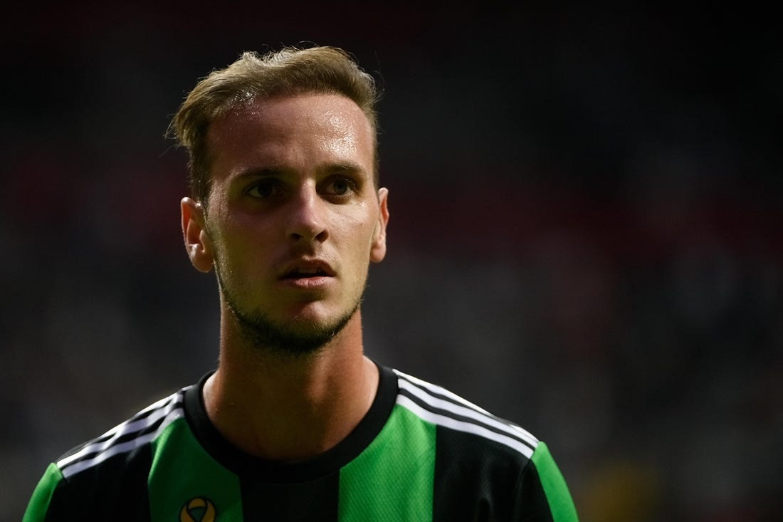 Sep 4, 2021; Vancouver, British Columbia, CAN;  Austin FC midfielder Tomas Pochettino (7) stands before a throw in during the first half against the Vancouver Whitecaps FC at BC Place. Mandatory Credit: Anne-Marie Sorvin-USA TODAY Sports