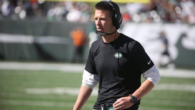 Offensive coordinator Mike LaFleur on the sidelines in the second half as the New England Patriots defeated the NY Jets 25-6 at MetLife Stadium in East Rutherford, NJ on September 19, 2021.

The New England Patriots Came To Play The Ny Jets At Metlife Stadium In East Rutherford Nj On September 19 2021